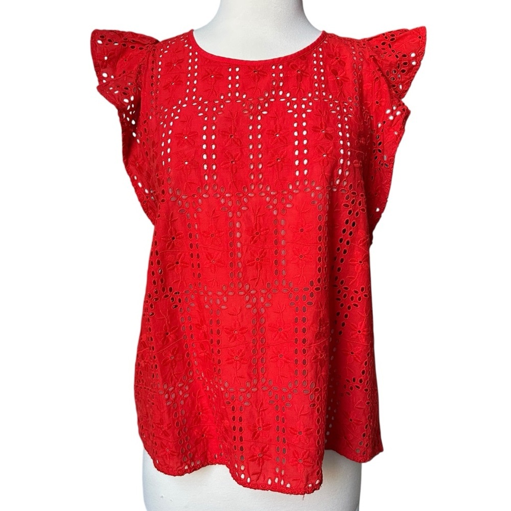 Madewell | Women's Red Ruffle Sleeve Eyelet Lace Top Size Medium